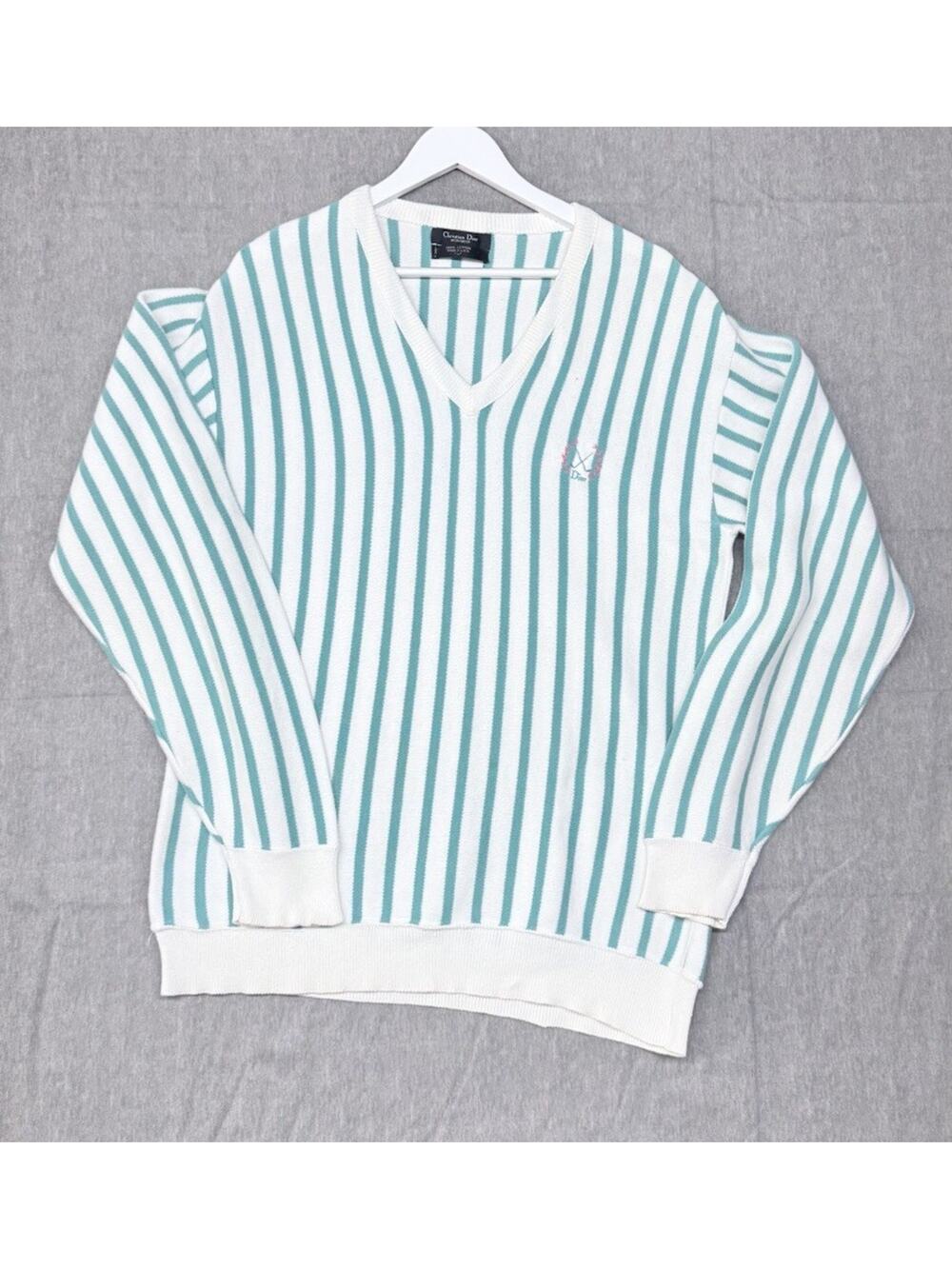 CHRISTIAN DIOR Monsieur Vtg Cotton Striped V-neck Sweater L